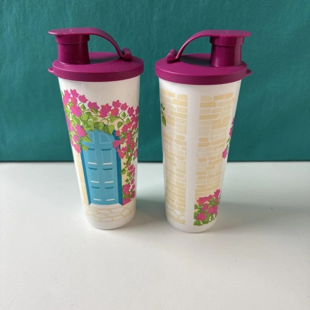 Tupperware 16oz Tumbler Flip Top Seal Smoothie Lid Flowers Door Porch Set Of 2